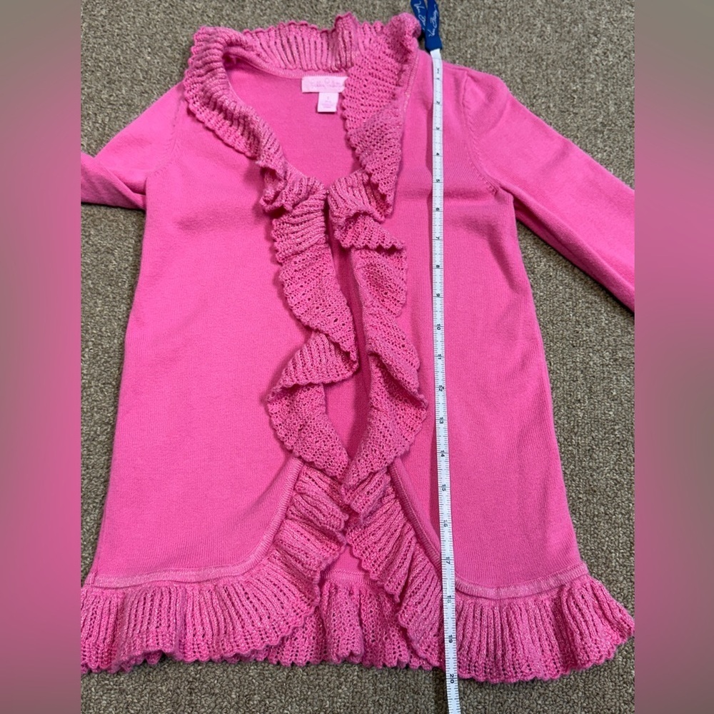 Lilly Pulitzer: Girls Pink Ruffle Cardigan Sweater, Metallic Accent, Size S (4/5 - Picture 5 of 9